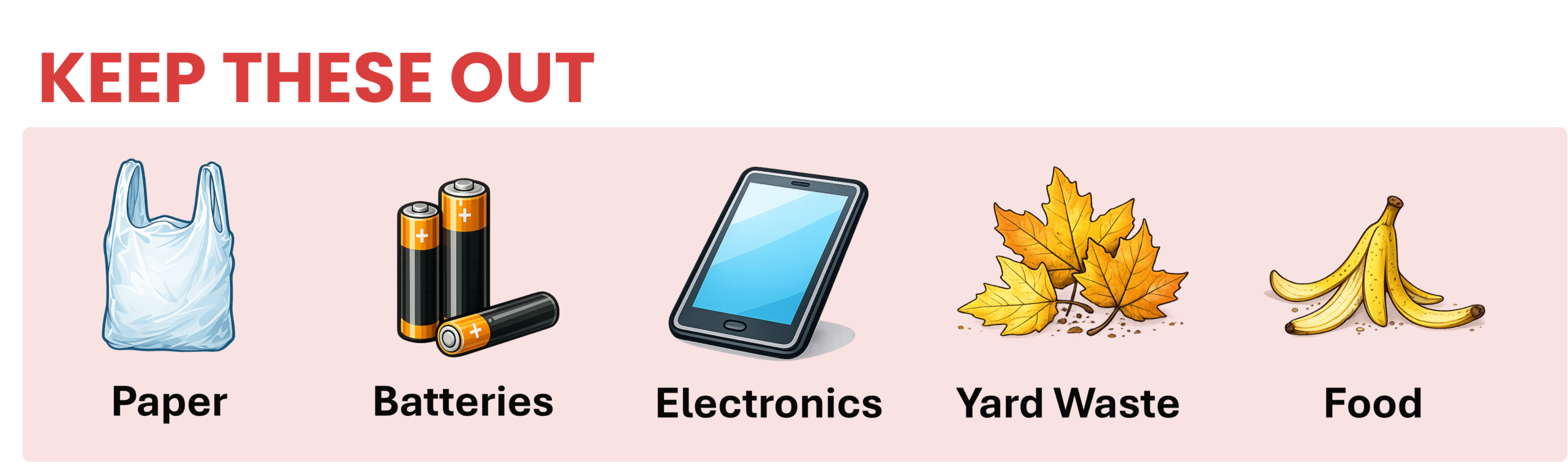Keep these out of your recycling cart: plastic bags, batteries, electronics, yard waste, food